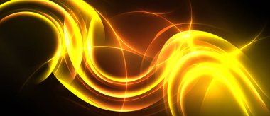 Parlak sarı enerji akışları, dönen desenler koyu arkaplana hakim. Soyut tasarım sıcaklık, hareket, ışık yoğunluğunu çağrıştırıyor.