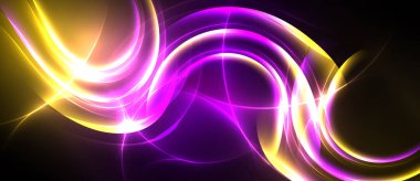 Parlak soyut çizgiler kıvrımlı, parlak sarı, mor renkler siyah arkaplana hakim. Dinamik enerji akan formlardan yayılır..