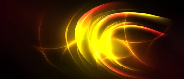 Parlak soyut girdaplar, canlı sarı, kırmızı renkler. Dinamik enerji karanlık arka plandan yayılır. Yumuşak eğriler akış tasarımı yaratır.