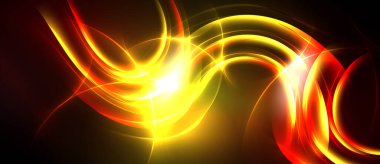 Parlak soyut enerji akıyor. Dinamik kıvrımlar, canlı renkler yoğun görsel etki yaratır. Sıcak tonlar kompozisyona hakim.