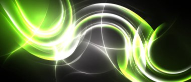 Parlak neon hatları kıvrılarak soyut enerji akışı yaratır. Canlı yeşil, beyaz, koyu arkaplanı aydınlatan. Dinamik, modern tasarım.