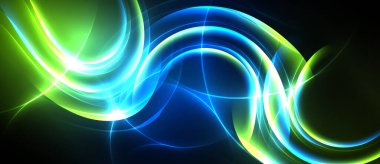 Soyut akış çizgileri, canlı maviler, yeşiller dinamik enerji yaratır. Işık yayılır, karanlık zemine karşı kıvrımlar oluşturur.