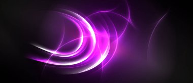 Abstract purple light curves flow across dark background. Bright energy radiates, creating dynamic visual effect. Smooth gradients present.