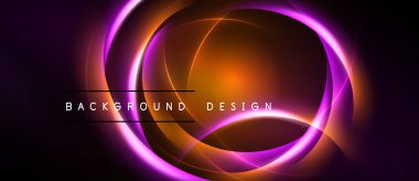 Soyut tasarım canlı eşmerkezli daireler içerir. Turuncu, mor renkler koyu arkaplan ile harmanlanır. Metin arkaplan tasarımı okur.