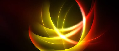 Soyut tasarım canlı kıvrımlar, parlak sarı merkezler, kırmızı turuncu renkler içerir. Dinamik bileşim enerjik görsel etki yaratır.