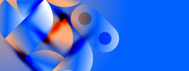 Soyut şekiller, canlı maviler, portakallar dinamik kompozisyon oluşturur. Modern tasarım, pürüzsüz eğimler, temiz estetik. Minimalist, göz alıcı görsel.