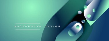 Soyut arkaplan özellikleri akan şekiller, gradyanlar. Teal, mavi renkler tasarıma hakim, modern estetik yaratıyor. Minimalist metin mevcut.