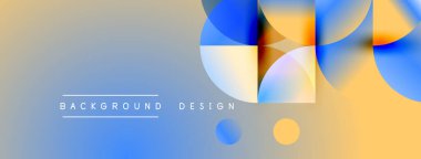 Soyut arkaplan özellikleri üst üste binen daireler, kareler. Renkler turuncu, mavi ve bej karışımı. Metin elementli minimalist tasarım.