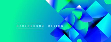 Soyut geometrik şekiller örtüşür, parlak mavi, yeşil eğimler yaratır. Sancaklar, arkaplanlar, sunumlar için modern tasarım uygun.
