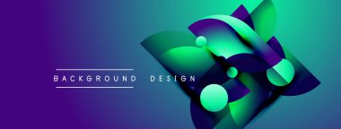 Soyut geometrik şekiller canlı mor, yeşil renkleri harmanlarlar. Modern tasarım elementleri dinamik görsel etki yaratır. Arkaplan metni mevcut.