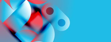 Soyut şekiller, canlı maviler, kırmızılar dinamik kompozisyon oluşturur. Pürüzsüz eğimler, üst üste binen biçimler hareket ve derinliği akla getiriyor. Modern tasarım.