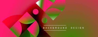 Soyut geometrik şekiller, canlı renkler, değişken arkaplan. Modern tasarım elementleri dinamik görsel bileşim oluşturur.