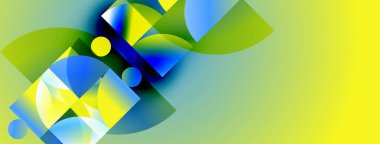 Soyut geometrik bileşim. Mavi, sarı, yeşil şekiller, dinamik görsel efekt oluşturur. Gradyan arkaplan derinliği arttırır.