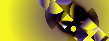 Soyut geometrik bileşim. Sarı arka plan, mor ve siyah şekillere zıt. Modern tasarım, dinamik görsel elementler mevcut.