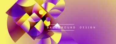 Soyut geometrik bileşim. Canlı gradyanlar, üst üste binen şekiller dinamik görsel efekt yaratır. Sarı, mor renkler tasarımda baskın..