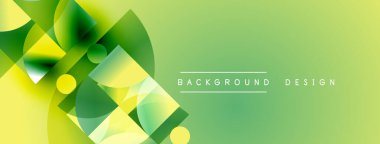 Soyut geometrik şekiller canlı yeşillikleri, sarıları harmanlıyor. Gradyan arka plan modern görsel efekt yaratır. Basit metin etiketleri tasarım ögeleri.
