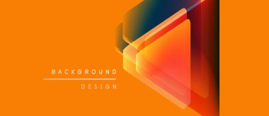 Parlak turuncu arka plan katmanlı geometrik şekiller içerir. Renkler derinlik yaratır, modern tasarım estetik. Mevcut en küçük metin.