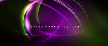 Soyut neon eğrileri dinamik arkaplan oluşturur. Mor, yeşil renkler harmanlanarak zarif bir tasarım oluşturuyor. Metin arkaplan tasarımı okur.