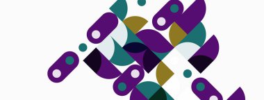 Soyut geometrik şekiller örtüşür, dinamik bileşim yaratır. Mor, deniz mavisi, altın renkleri beyaz arkaplana hükmediyor. Modern tasarım elemanları.