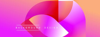 Canlı, soyut bir arkaplan. Üst üste binen şekiller dinamik renk değişimleri yaratır, pembeler, kırmızılar, portakallar, beyazlar. Modern tasarım ögesi.