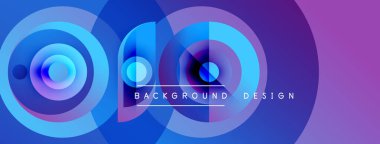 Soyut tasarım katmanlı daireler, canlı mor, mavi renkler içerir. Metin, kompozisyon içinde arkaplan tasarımı okur. Modern, dinamik görsel.