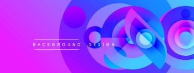 Soyut canlı tasarım, üst üste binen daireler, gradyanlar. Mor, mavi renkler dinamik görsel efekt yaratır. Metin arkaplan tasarımı okur.