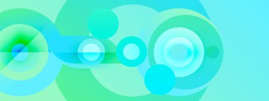 Üst üste binen daireler içeren soyut kompozisyon. Türkuaz çeşitli tonlarda, yeşil dinamik görsel efekt yaratır. Yumuşak eğimler derinliği arttırır.