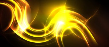 Parlak altın enerji akıyor, kıvrımlar iç içe geçiyor. Koyu arkaplan parlak ışığı vurgular, dinamik görsel etki yaratır.