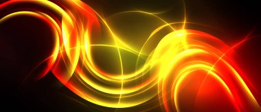Soyut enerji akışları, canlı kırmızılar, sarılar koyu arkaplana hakim. Dönen çizgiler dinamik görsel etki yaratır. Parlaklık şiddetle zıtlaşıyor.