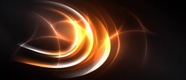 Soyut tasarım koyu arkaplana karşı canlı turuncu kıvrımlar içerir. Dinamik çizgiler akan, enerjik görsel etki yaratır.