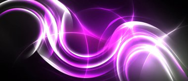 Soyut girdaplar, canlı mor, beyaz ışık. Dinamik enerji karanlık arka planda akar. Modern tasarım, parlak kıvrımlar, büyüleyici görüntüler..