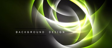 Soyut parlak kıvrımlar, canlı yeşil renkler, koyu arkaplan. Modern tasarım ögesi, dinamik enerji, gösterişli sunum.