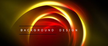 Soyut parlak çizgiler dairesel şekiller yaratır. Kırmızı, turuncu, sarı renkler koyu arkaplana hakim. Metin arkaplan tasarımı okur.