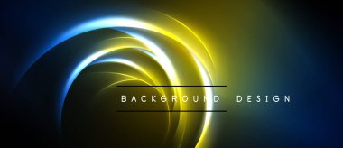 Soyut neon girdaplar, parlak sarı, mavi renkler. Karanlık arka plan dramatik görsel etki yaratır. Modern tasarım ögesi.