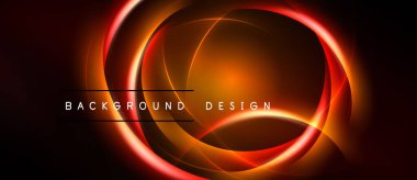 Soyut tasarım parlak turuncu, kırmızı girdaplar içerir. Karanlık zemin dinamik dairesel şekilleri, modern estetiği vurgular..