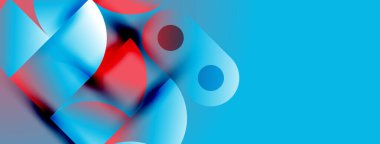 Soyut şekiller örtüşüyor, canlı mavi, kırmızı renkler yaratıyor. Yumuşak eğimler derinlik ve hareket olduğunu gösteriyor. Minimalist tasarım, modern estetik.