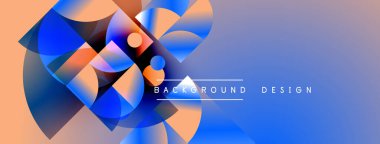 Soyut geometrik şekiller canlı mavileri, portakalları, morları harmanlarlar. Gradyan arka plan dinamik görsel efekt yaratır. Metin arkaplan tasarımı okur.