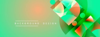 Soyut geometrik şekiller örtüşür, canlı gradyanlar yaratır. Yeşil arka planda baskın, turuncu aksanlar kontrastı ekliyor. Modern tasarım ögesi.