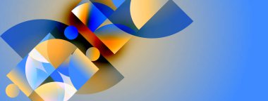 Soyut geometrik bileşim. Mavi, turuncu renkler baskın. Şekiller çakışıyor, dinamik görsel etki yaratıyor. Minimalist tasarım, modern estetik.