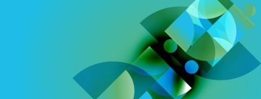 Soyut şekiller örtüşür, dinamik bileşim yaratır. Teal, yeşil renkler tasarıma hakim. Modern estetik, temiz çizgiler sunar.
