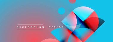 Soyut geometrik şekiller örtüşüyor, canlı renk eğimleri yaratıyor. Mavi, kırmızı, turkuaz harmanlanmış. Modern tasarım ögesi.
