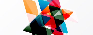 Üstüste binen şeffaf şekilleri içeren soyut bileşim. Renkler arasında turuncu, kırmızı, mavi, yeşil, siyah, pembe yer alıyor. Minimalist tasarım, temiz arkaplan.