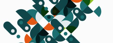 Soyut geometrik desen. Üst üste binen daireler, kareler modern tasarım yaratır. Teal, turuncu, gri renkler kompozisyona hakim. Minimalist estetik.