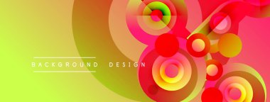 Soyut canlı tasarım, üst üste binen daireler, gradyanlar. Sarı, turuncu, kırmızı renkler kompozisyona hakim. Modern estetik.