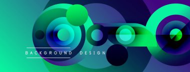 Soyut, enerjik çemberler çakışıyor ve dinamik bir arkaplan oluşturuyor. Turkuaz, mavi, mor renkler tasarımda baskın. Modern estetik.