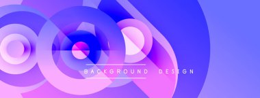 Soyut daireler örtüşüyor, parlak mavi ve mor renkler yaratıyor. Metin, arkaplan dizaynının şekillerin altında olduğunu okur. Modern, dinamik görsel.