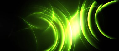 Parlak yeşil enerji akıyor, eğriler kesişiyor. Karanlık arkaplan parlak çizgileri vurgular, dinamik soyut bileşim oluşturur.