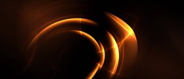 Soyut turuncu girdaplar, parlak çizgiler dinamik enerji yaratır. Koyu arkaplan aydınlatma ve modern tasarımı vurguluyor.