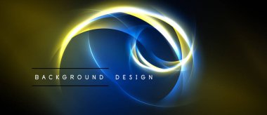 Soyut tasarım parlak kıvrımlar içerir, mavi, altın rengi. Koyu arkaplan parlak ışık efektlerini, modern estetiği vurgular.