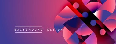 Soyut geometrik şekiller örtüşüyor, canlı mor, pembe, mavi renkler yaratıyor. Modern tasarım elementleri teknoloji ve yenilik öneriyor.